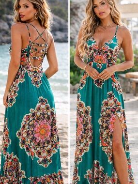 Fashion Nova Teal Floral Maxi Dress with Pink & Orange Accents